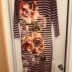 Floral Striped Dress Size 12 Beige By Eci Brand